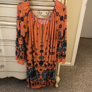 Bohemian Floral Long Sleeve Dress in Orange and Black